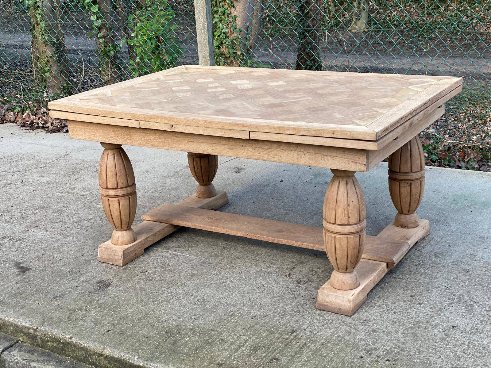 Renovated Art Deco monastery table, extendable, in raw oak, 250cm.