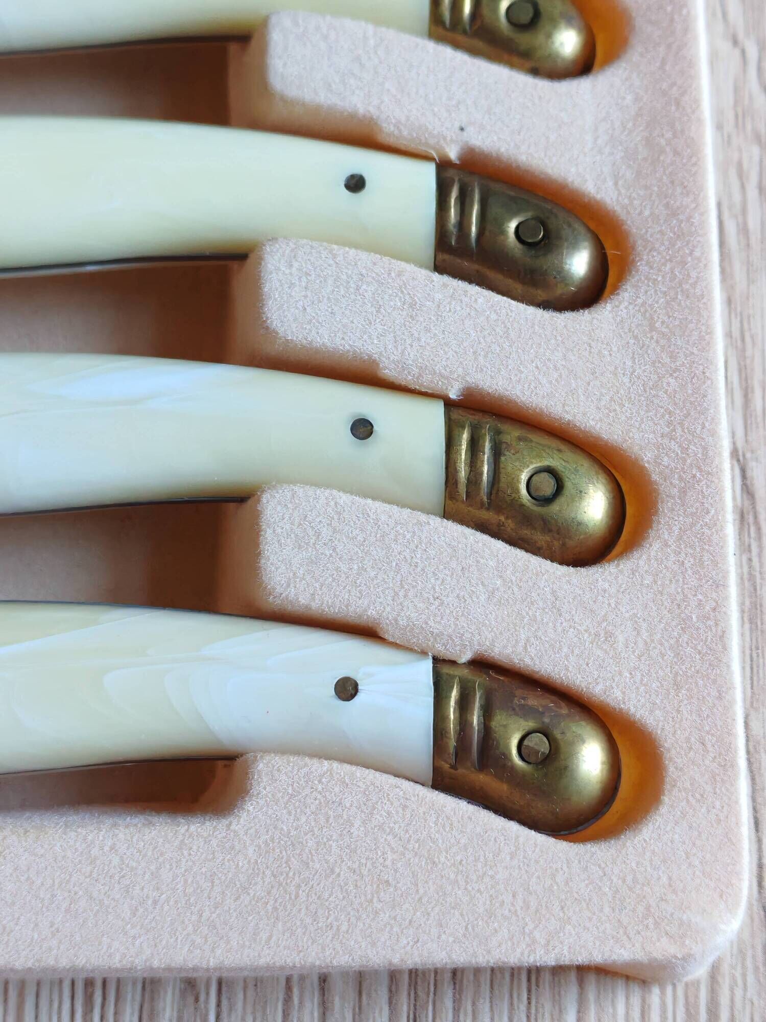 Vintage Box 6 Laguiole Table Knives Ivory Handles Gold Bolsters