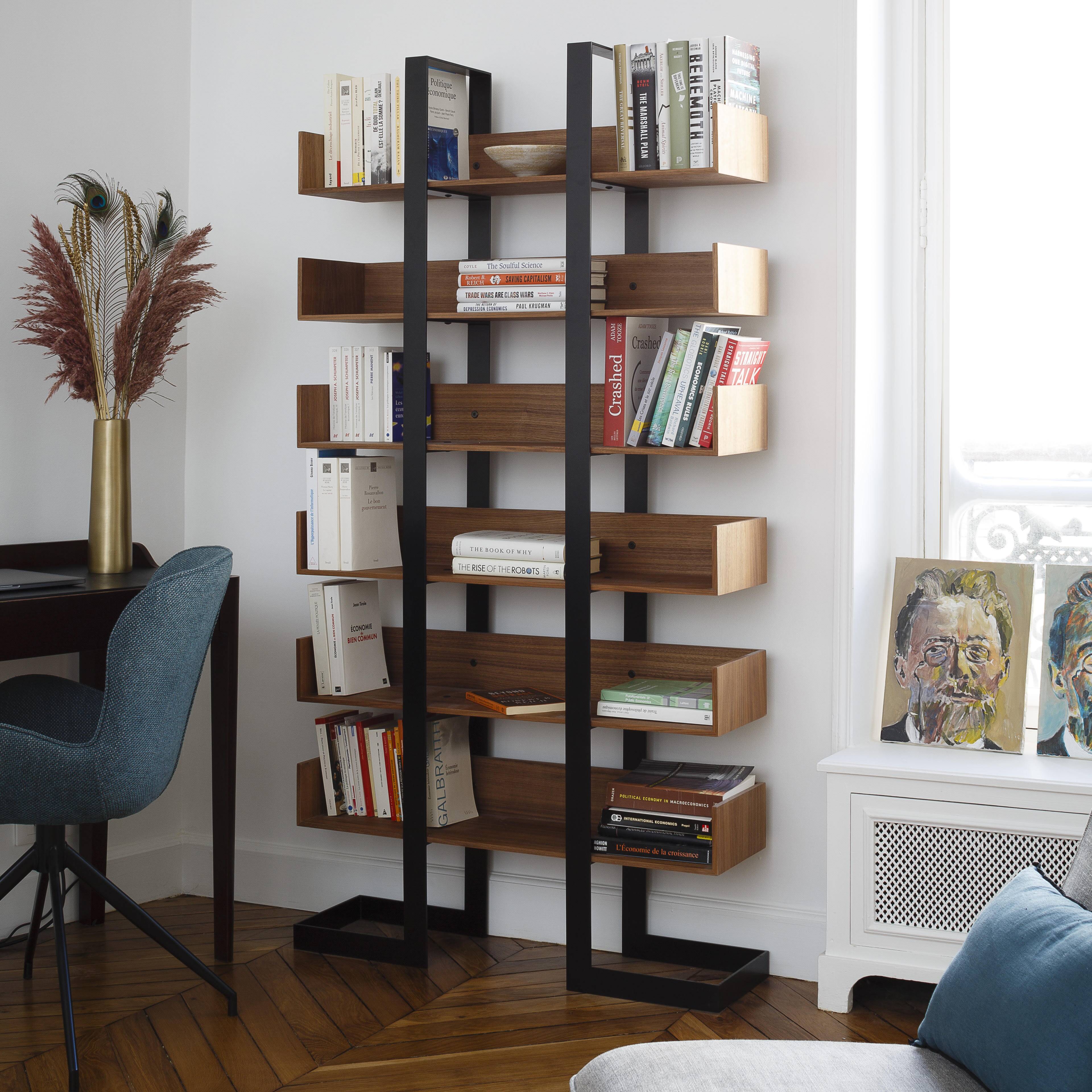 Severin 3 library in American walnut and matte black steel.
