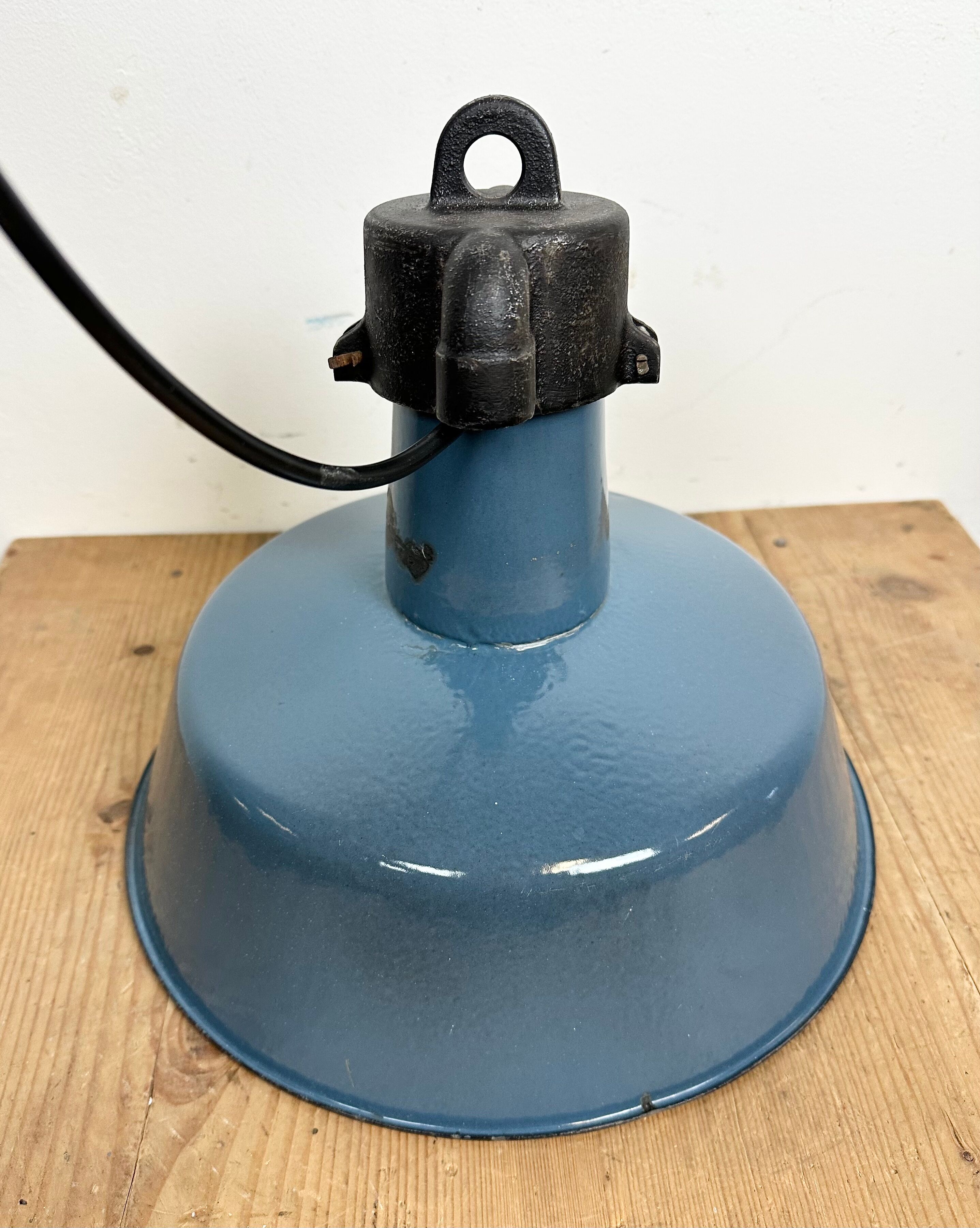 Industrial Blue Enamel Factory Lamp with Cast Iron Top, 1960s