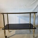 Desserte vintage à roulettes, bois noir et montants en laiton