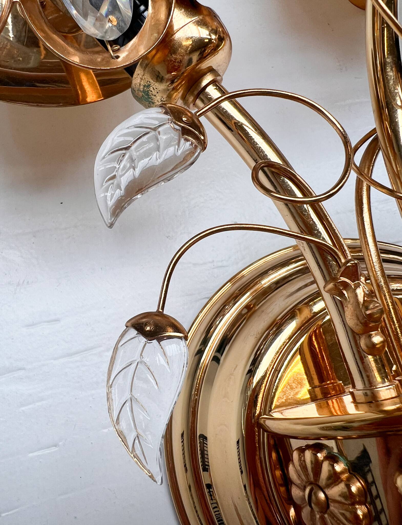 Brass and crystal art deco wall lamp attributed to palwa, 1960s