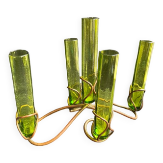 Bouquetière laiton à réservoirs en cristal coloré - XXème