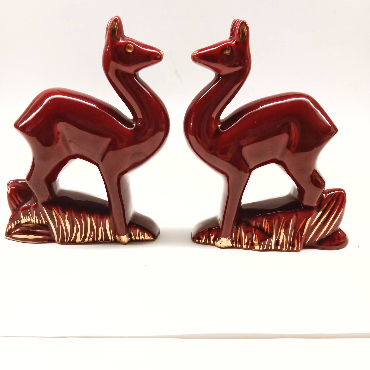 Lot of 2 Art Deco Ceramic Deer in Burgundy and Gold France