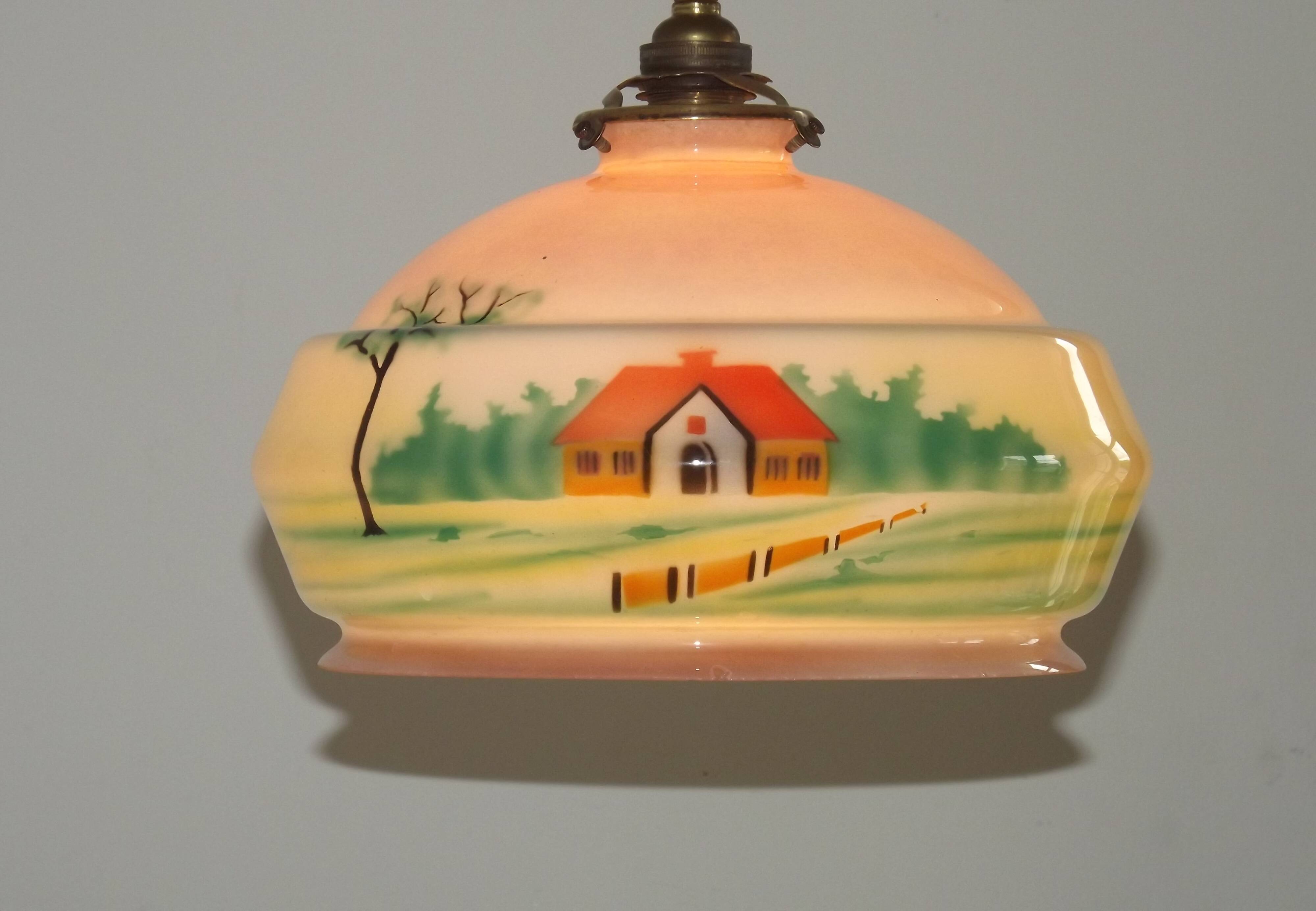 French Art Deco Pink & Cream Pendant Light with House and Tree Design