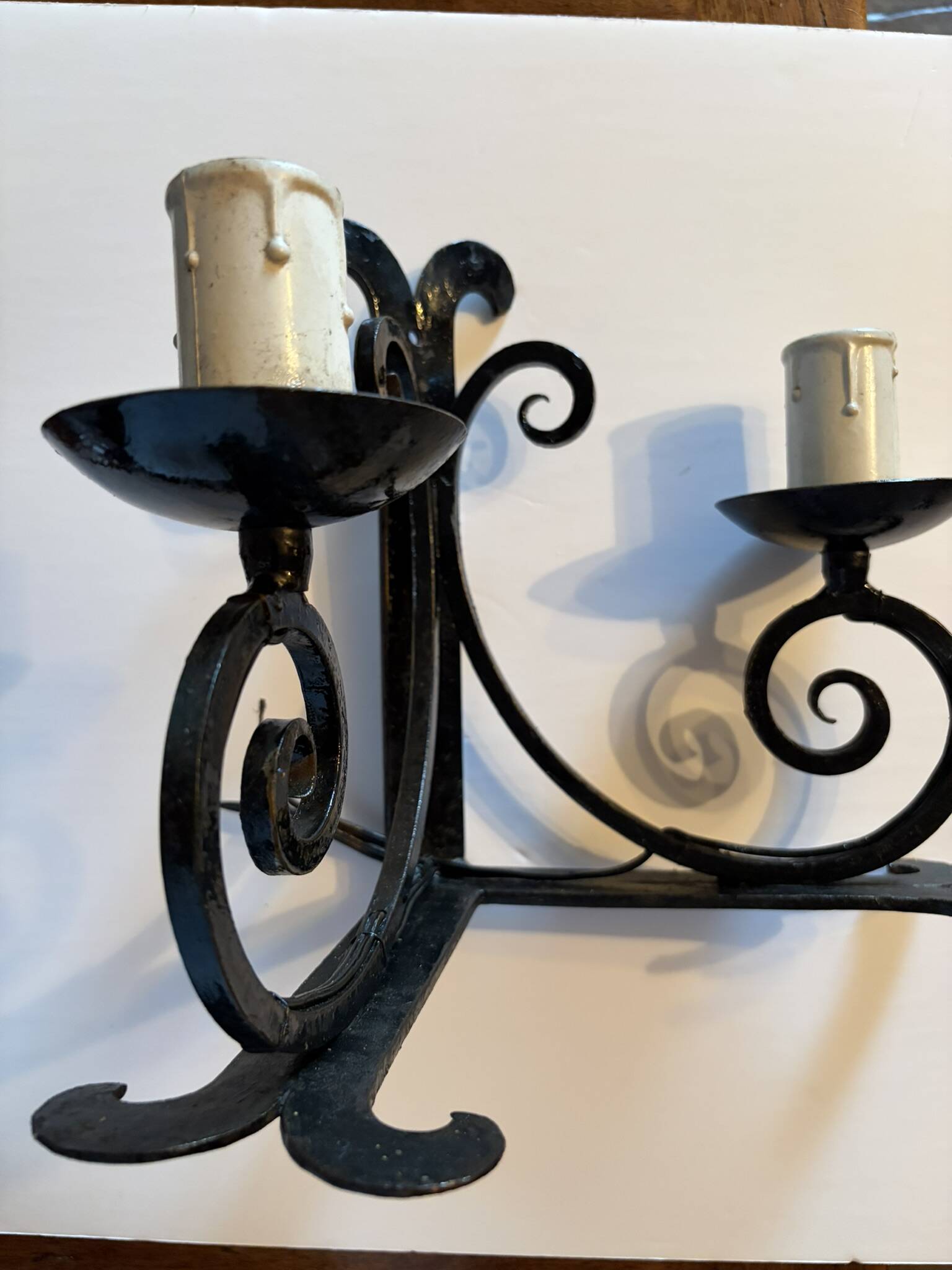 Vintage black wrought iron wall sconce with 2 lights – 1950s/60s