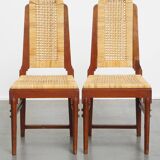 et of 6 wooden Art Deco design dining chairs with a wicker seat and backrest