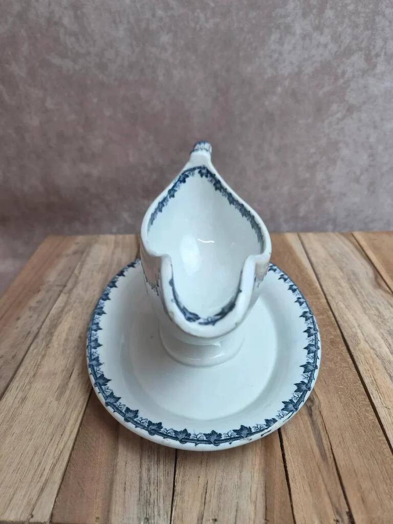Antique sauce boat Sarreguemines bamboo shape – unlisted blue decoration – ironstone
