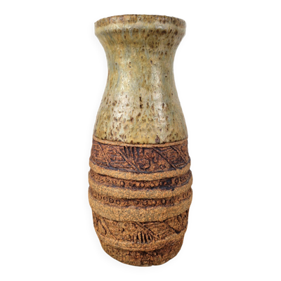 Vase en grès pyrite vintage signée O à décor abstrait