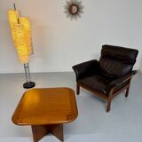 Vintage 70s Dreipunkt Scala design armchair in black leather and teak.