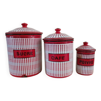 3 enamelled sheet metal spice jars