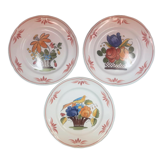 Lot de 3 assiettes Corbeille Faïence de Pornic Bouquets oiseau