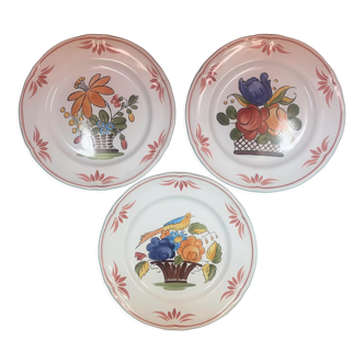 Set of 3 plates Basket Faience of Pornic Bouquets bird