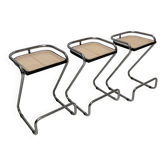 1970s set of 3 vintage Italian wicker & chrome barstools