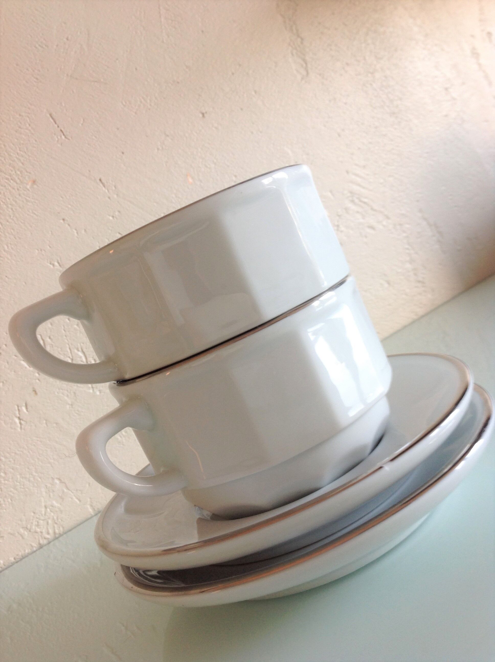 Two white cups with saucers by Apilco vintage 60-70s