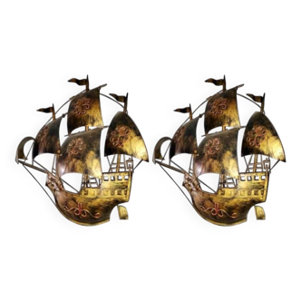 Pair of galleon wall lights in gold metal, 1950s