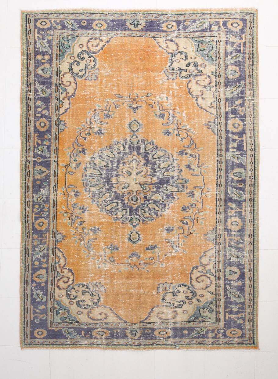 6x9 Pumpkin Orange Turkish Vintage Rug, 187x271 Cm