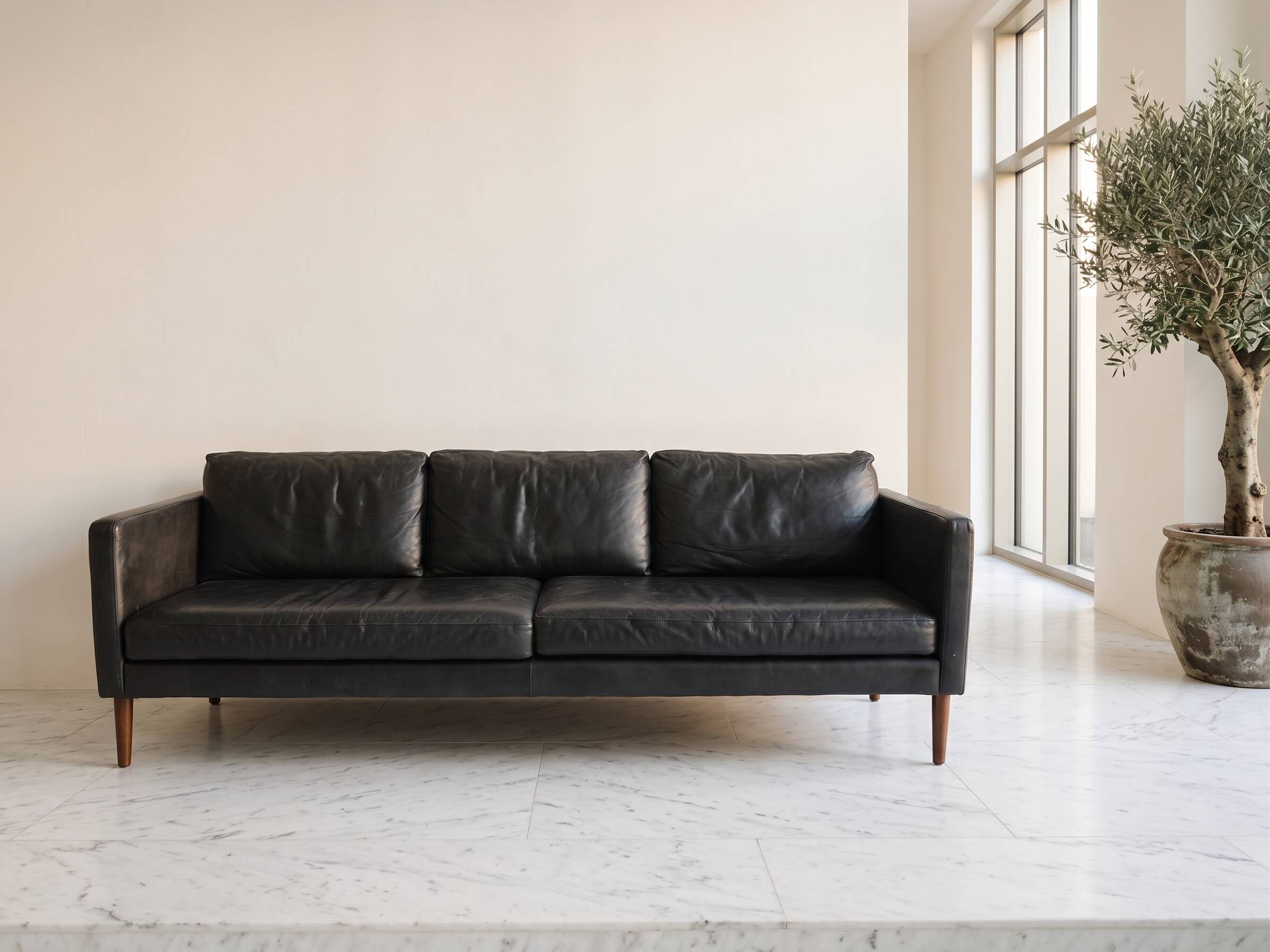 3-seater semi-aniline leather black sofa