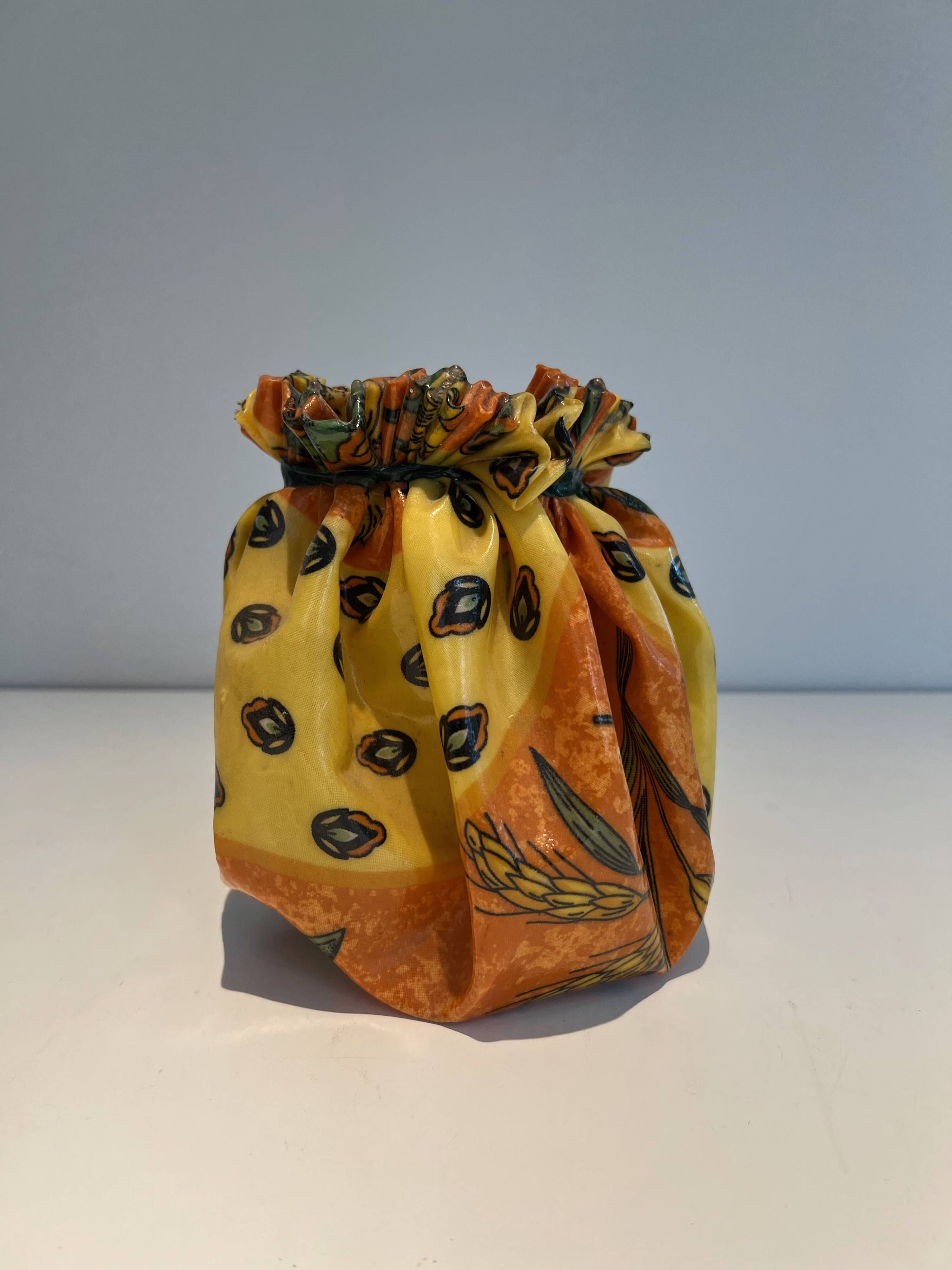 Trompe-l'Œil Ceramic Vase in the Shape of a Knotted Bag with Floral Decoration. Work