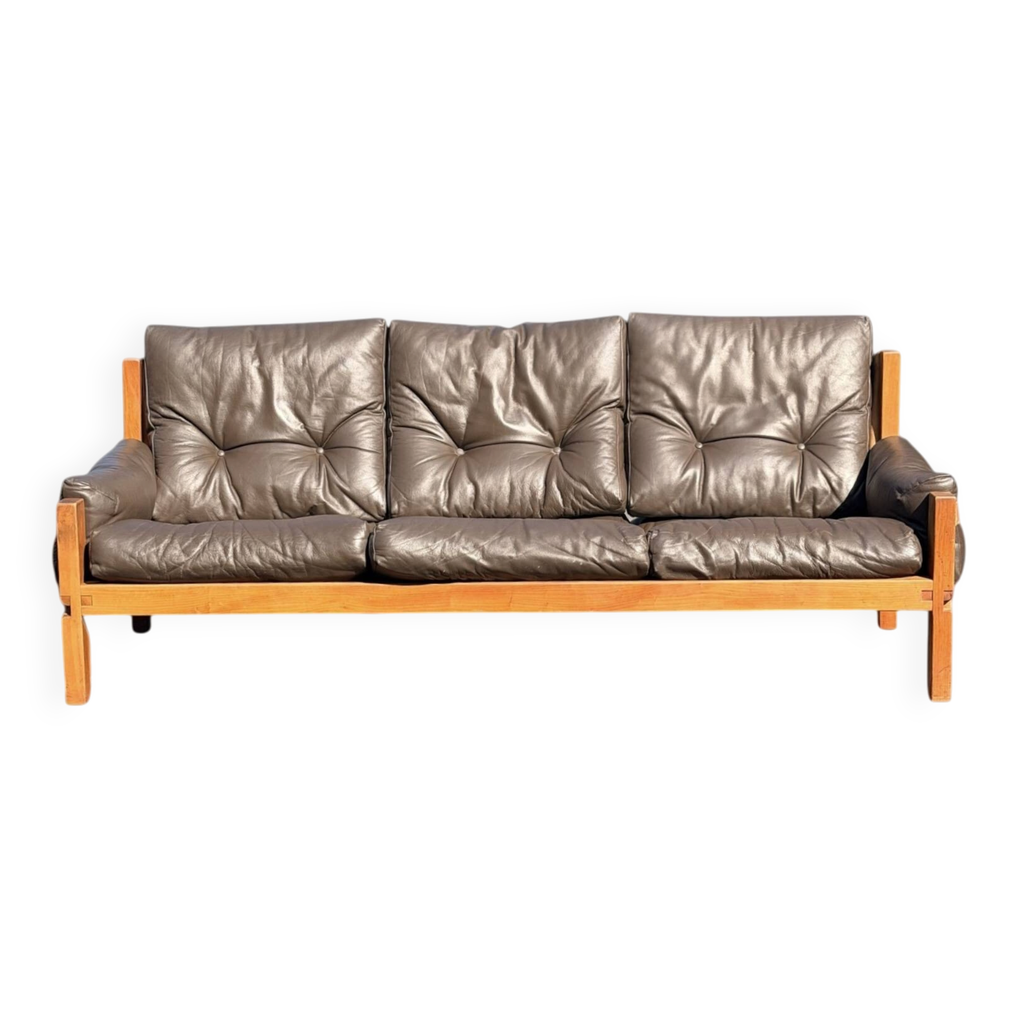 Pierre Chapo, 3-seater sofa S32 in solid elm and brown leather, 1966