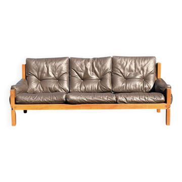 Pierre Chapo, 3-seater sofa S32 in solid elm and brown leather, 1966