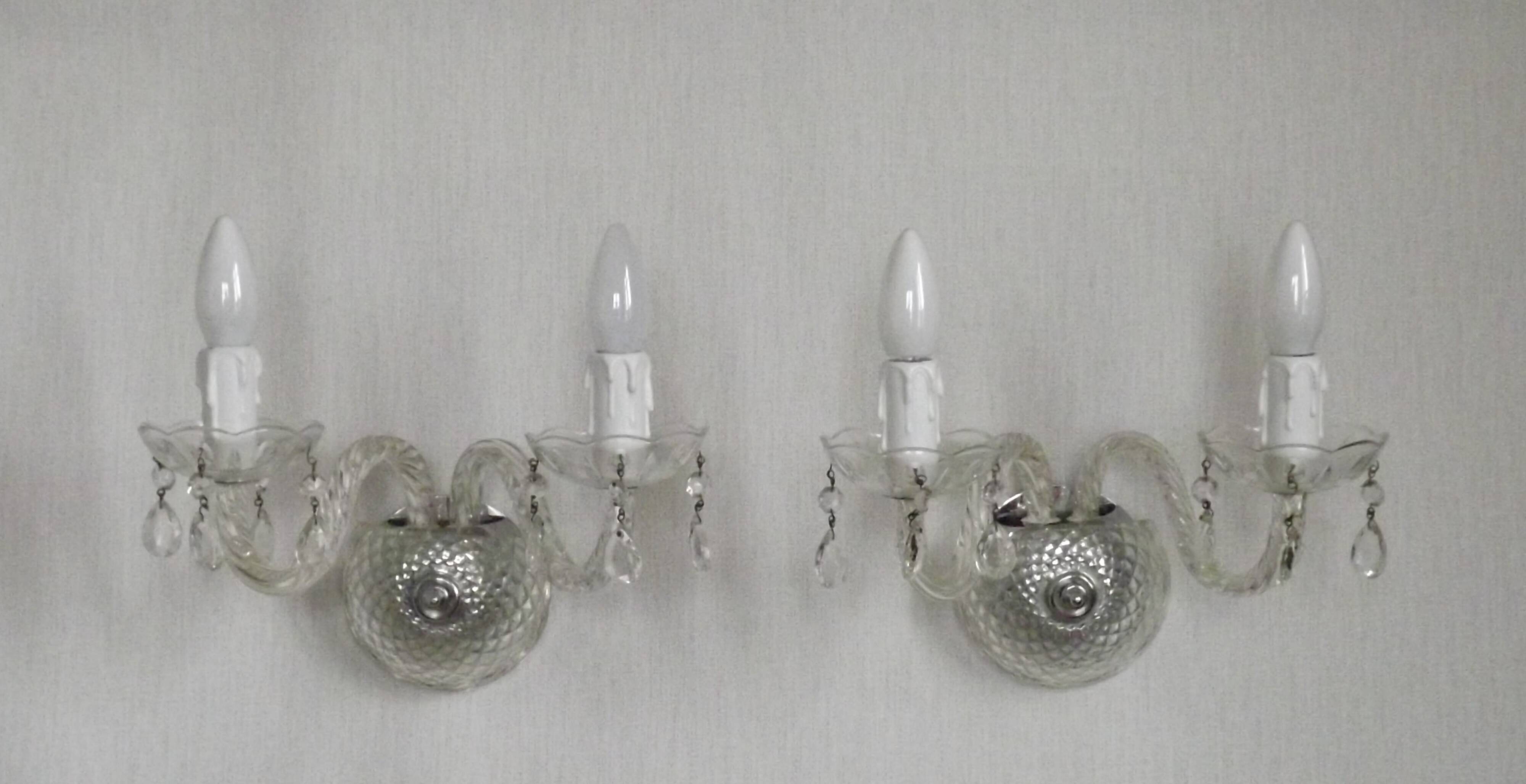 Pair of French vintage double crystal wall lights with barley twist glass arms.