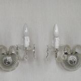 Pair of French vintage double crystal wall lights with barley twist glass arms.