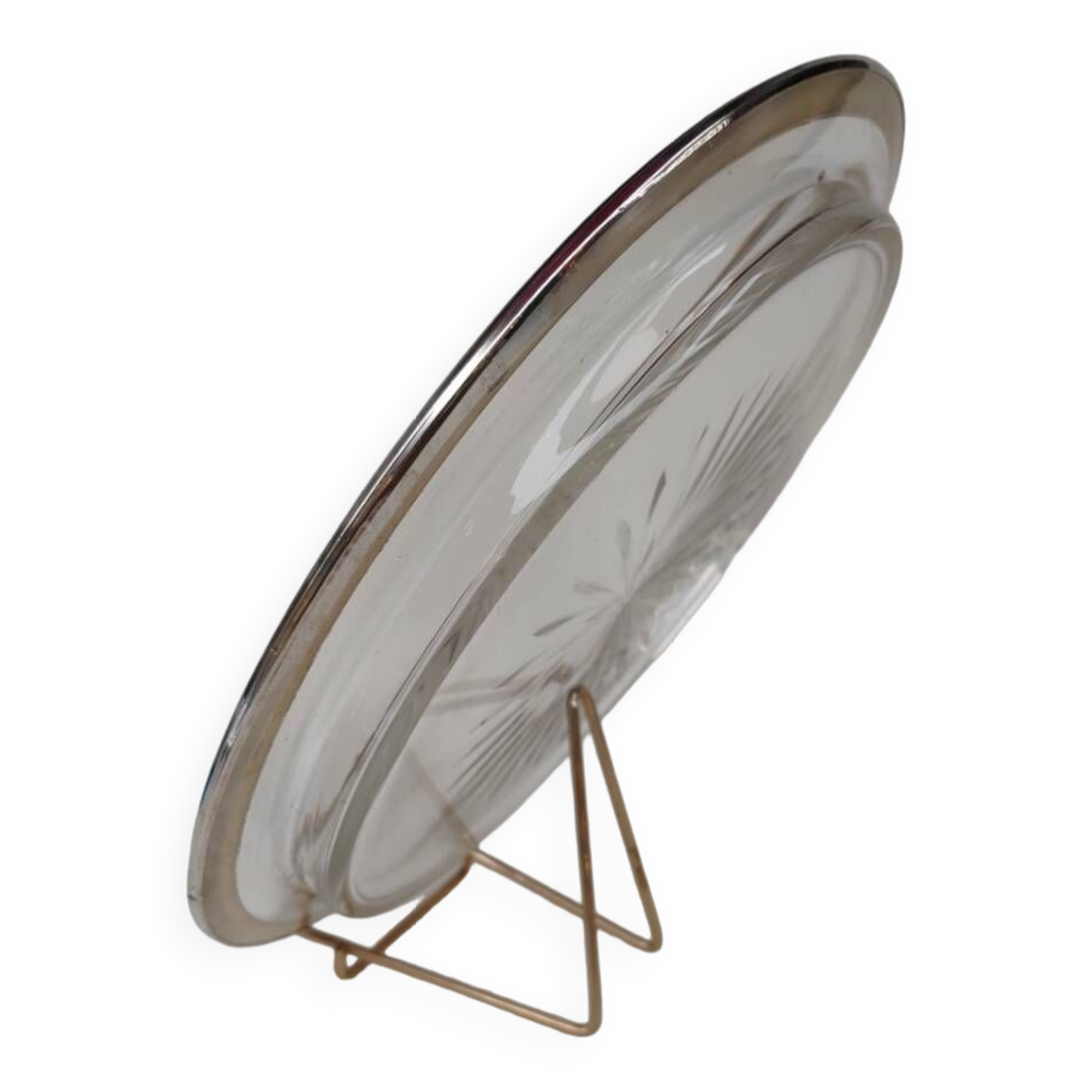 Cut crystal tray and solid silver rim.