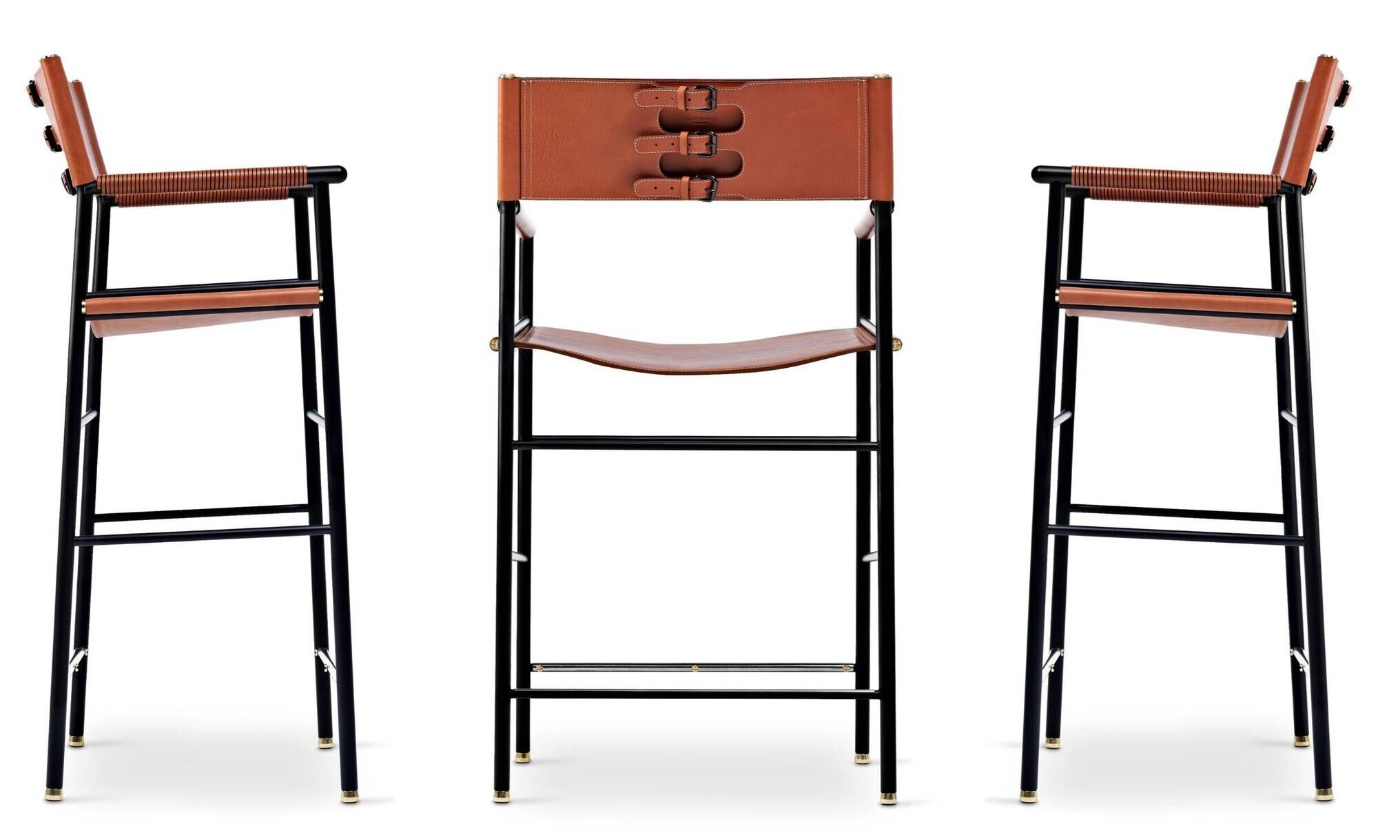 Set of 3 Artisan Bar Stools with Natural Tan Leather Backrest and Black Rubber Metal