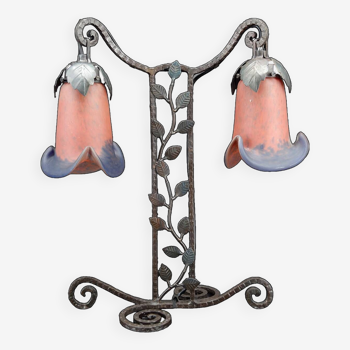 Two-headed wrought iron lamp by Muller, Art Deco, France, Circa 1920