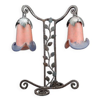 Two-headed wrought iron lamp by Muller, Art Deco, France, Circa 1920