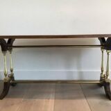Neoclassical coffee table in wood, brass and leather