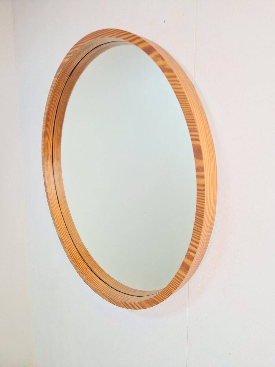 Large Mid-Century Round Pine Mirror, Denmark, 1960s