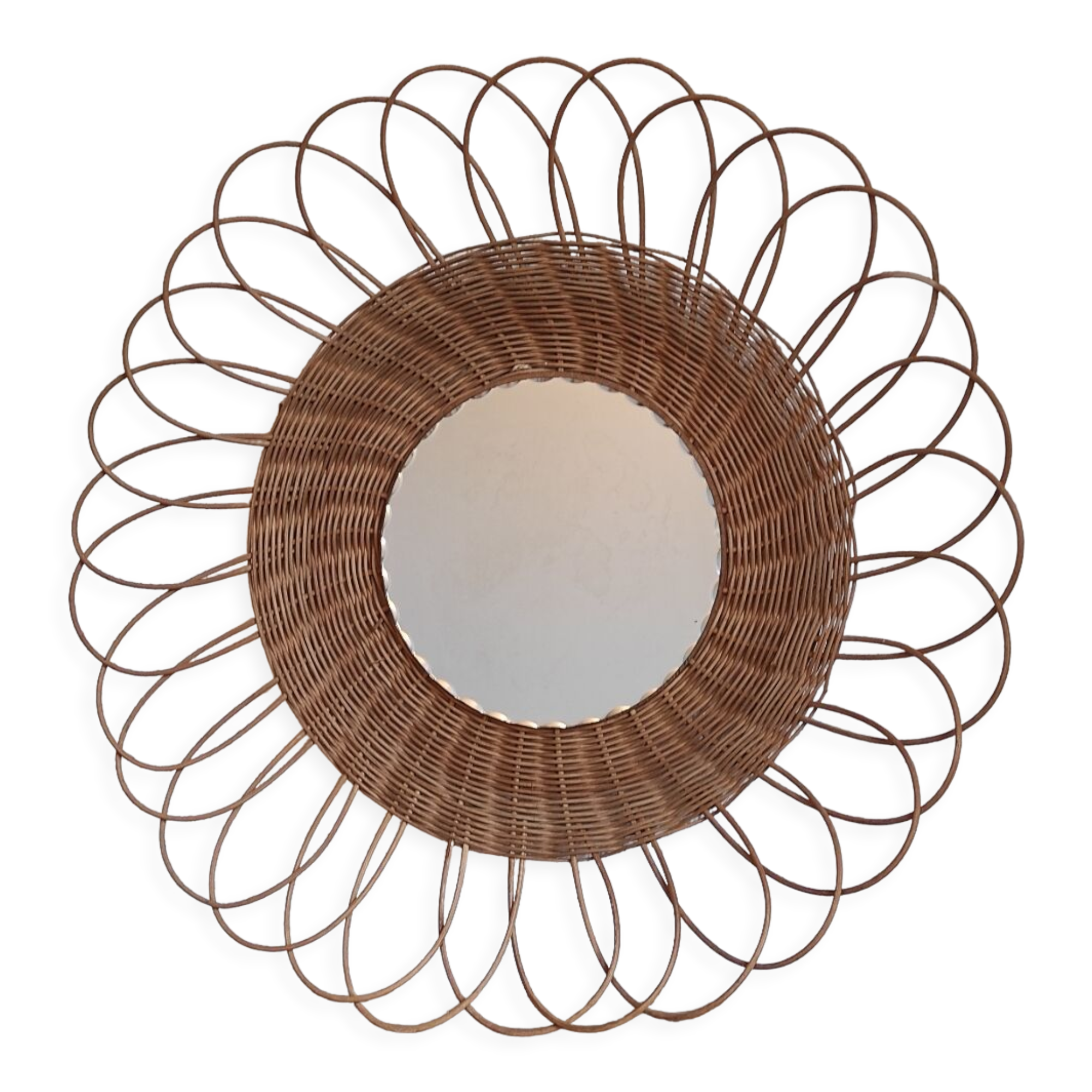 Miroir fleur soleil vintage en osier rotin verre biseauté