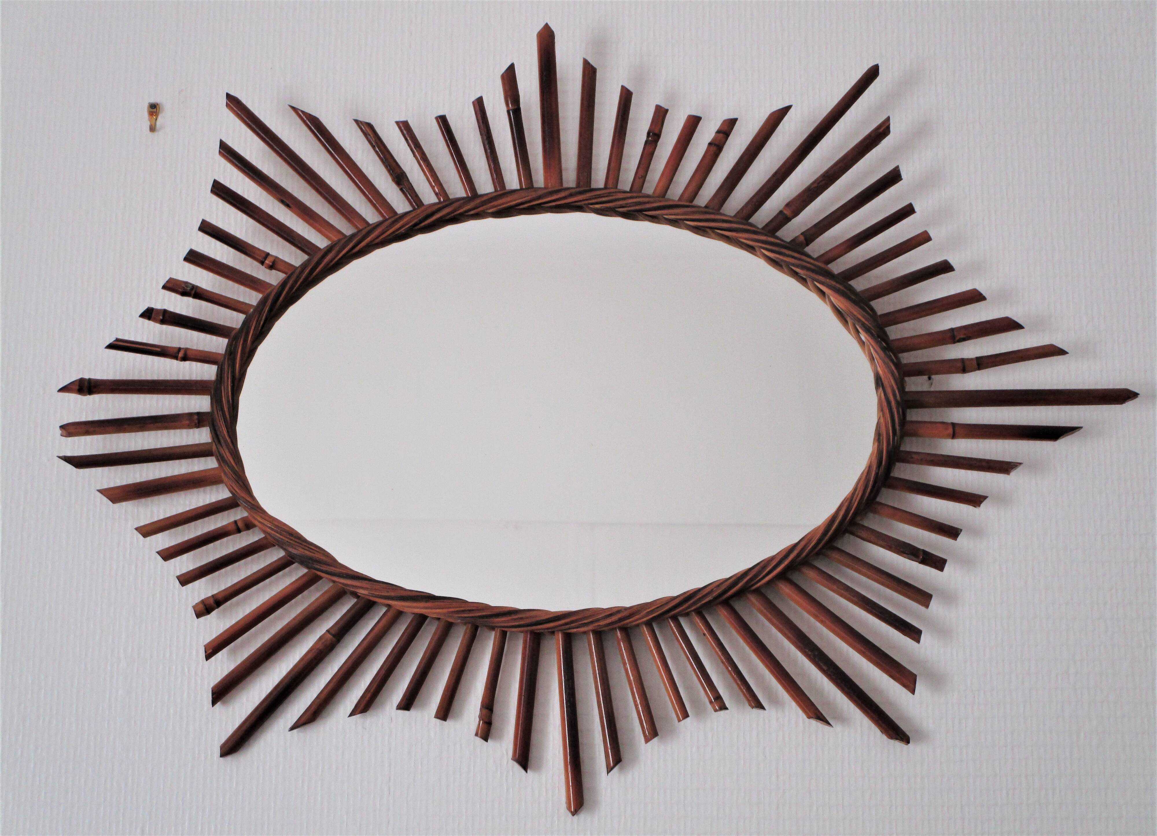 Miroir ovale rotin bambou années 60 44x60cm
