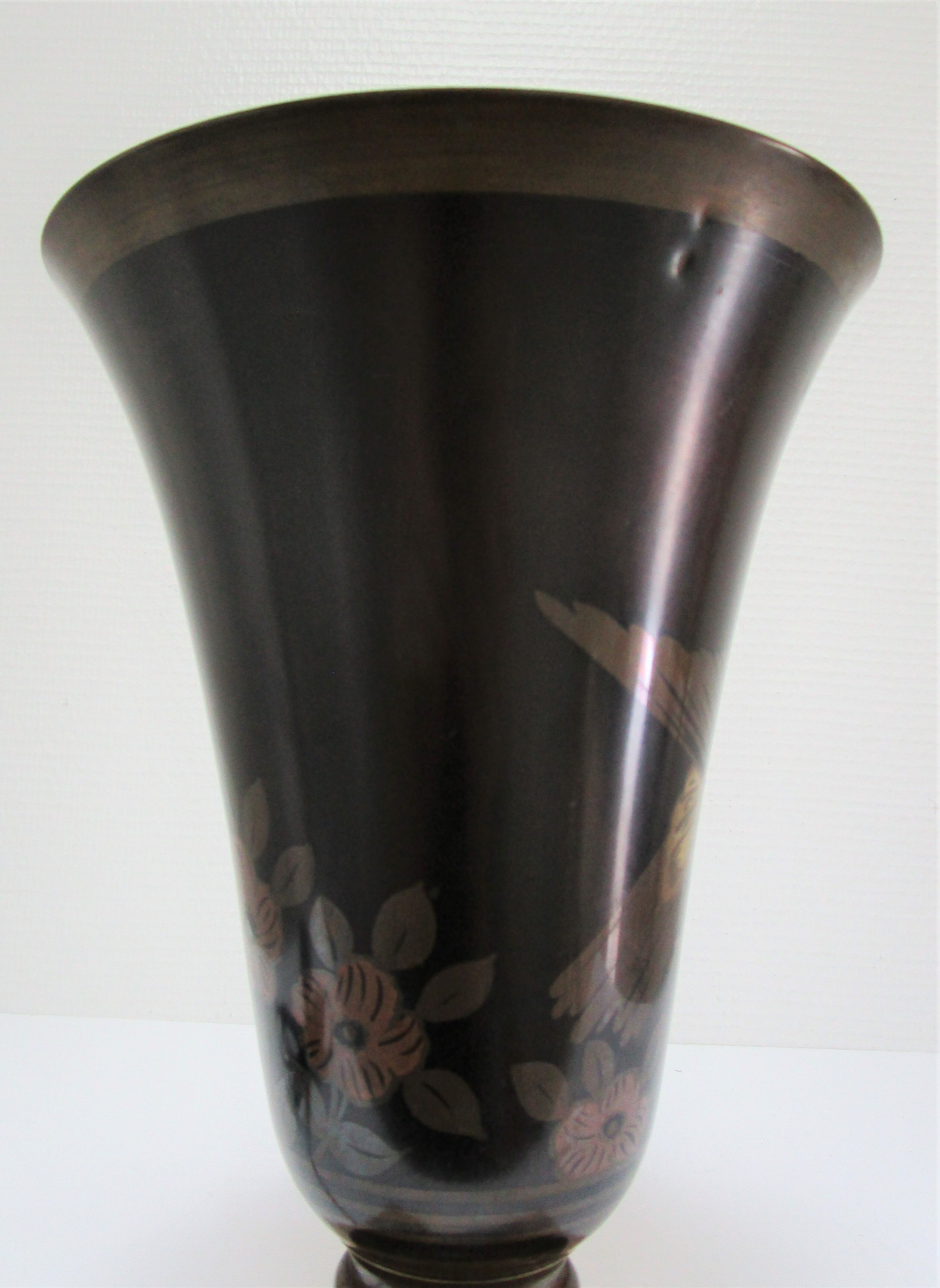 Lampe vasque art déco métal et marbre signée a.ducobu décor fleurs oiseau