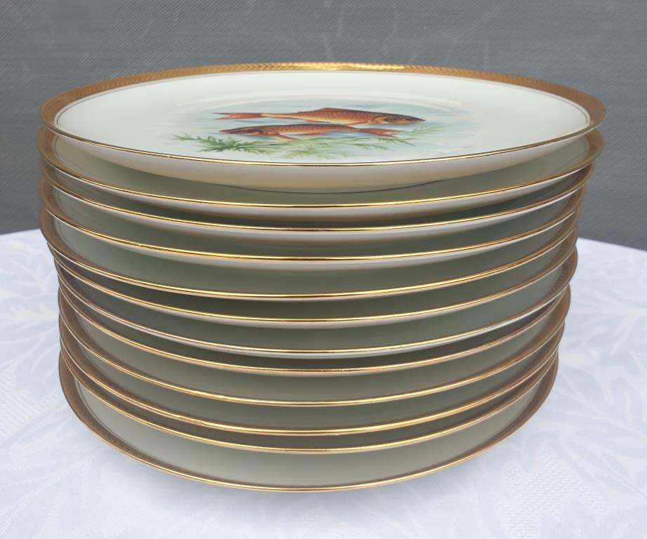 Set 12 plates porcelain fish edge laurel gold Bernardaud