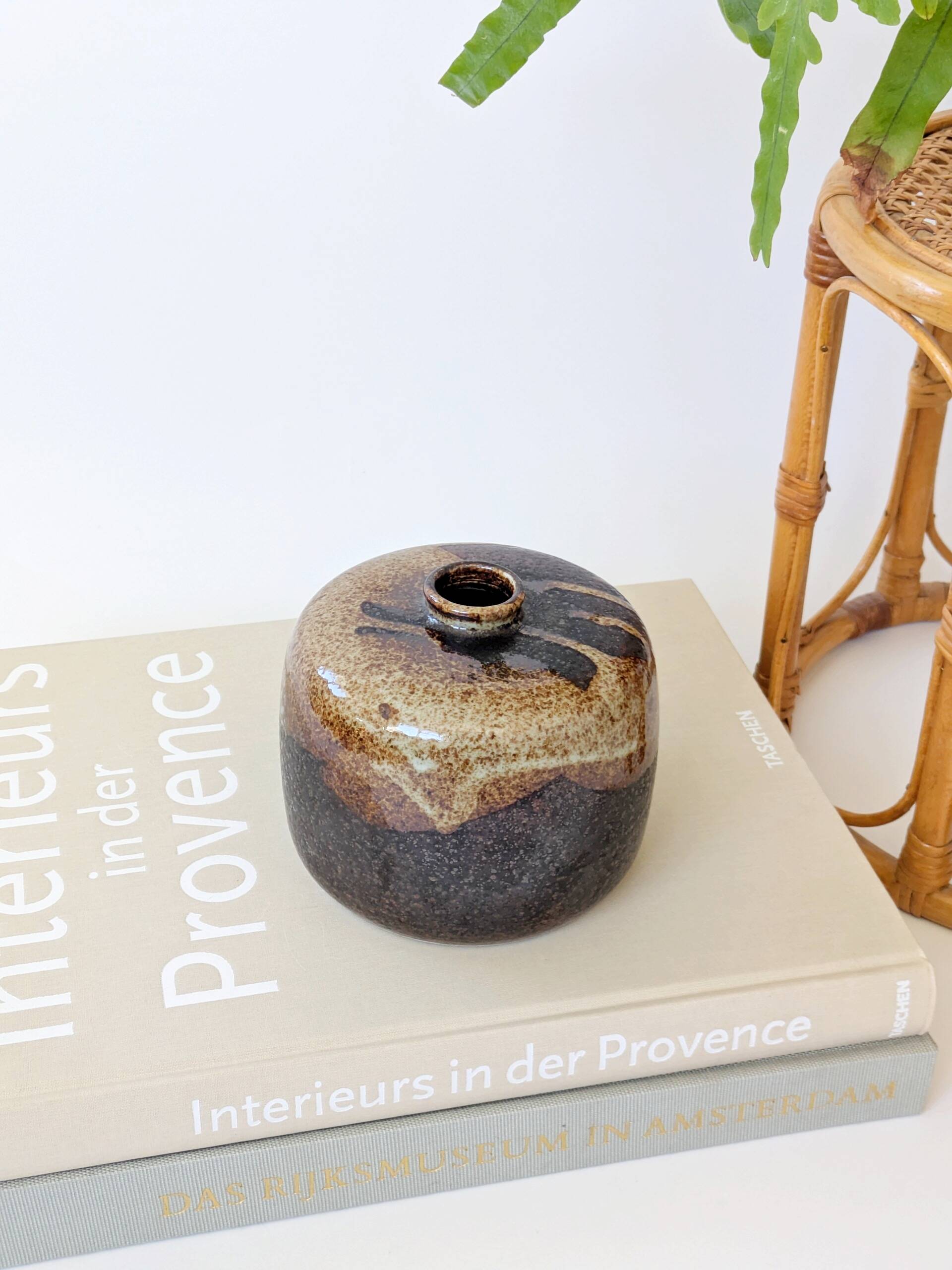 Round stoneware vase, brown and cream glaze, vintage handmade pottery