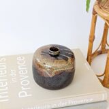 Round stoneware vase, brown and cream glaze, vintage handmade pottery
