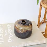Round stoneware vase, brown and cream glaze, vintage handmade pottery
