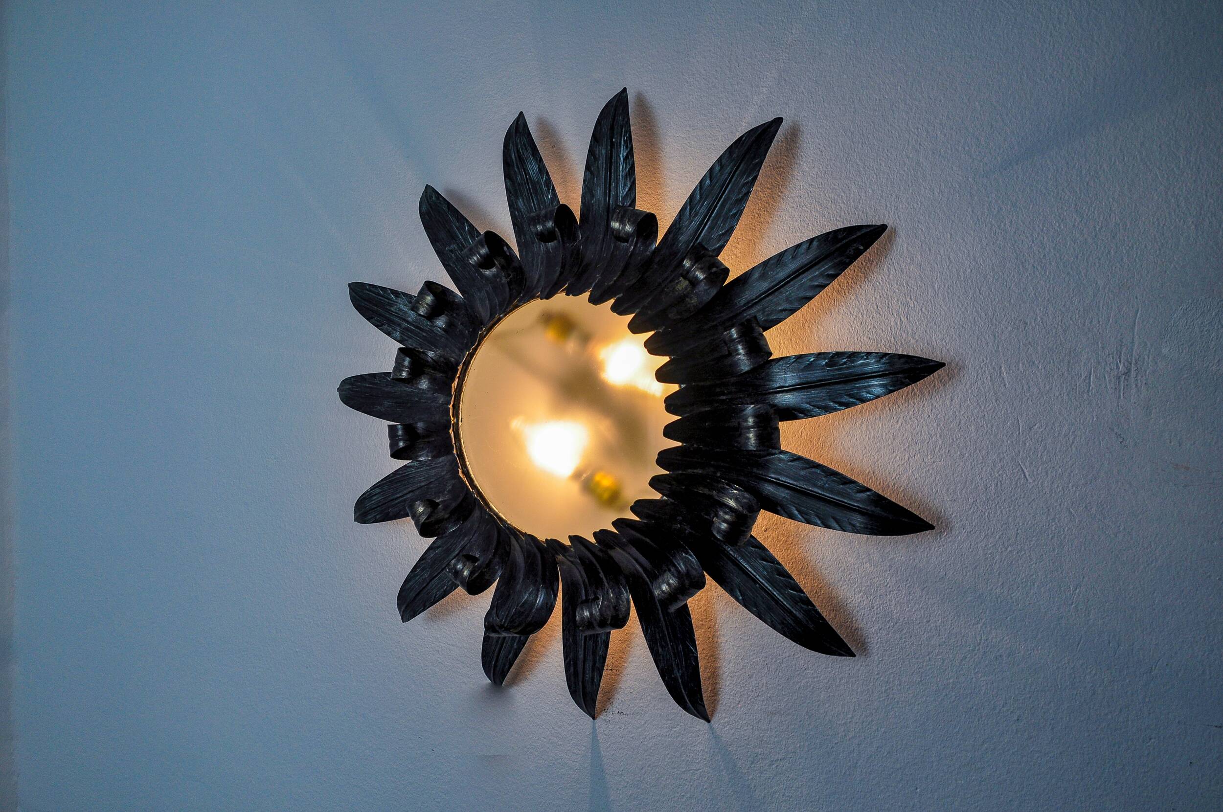 Sun wall lamp by ferro arte XL, metal and silver leaf, Spain, 1960