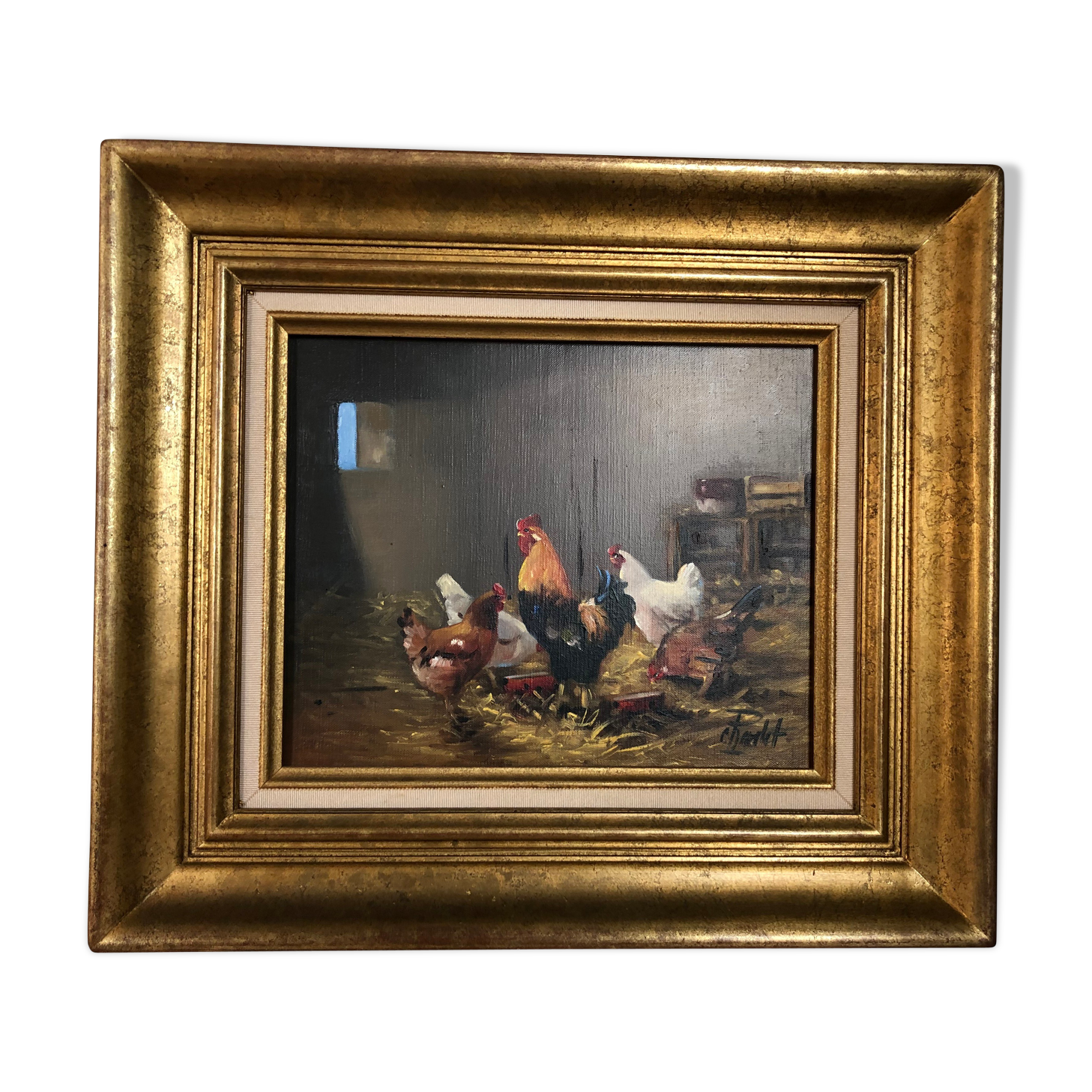 Oil on canvas: chickens and rooster