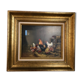 Oil on canvas: chickens and rooster