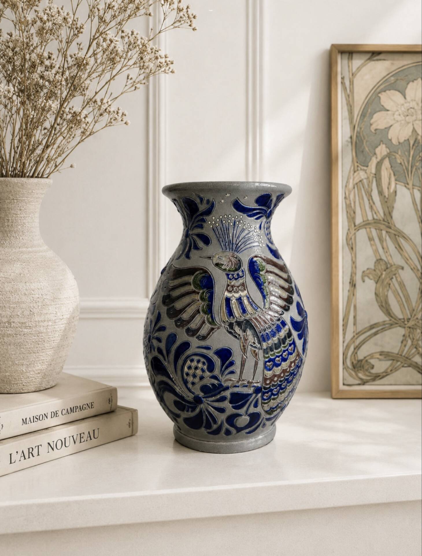 Vase en grès émaillé décor paon – Fait main – Fodor Schütte