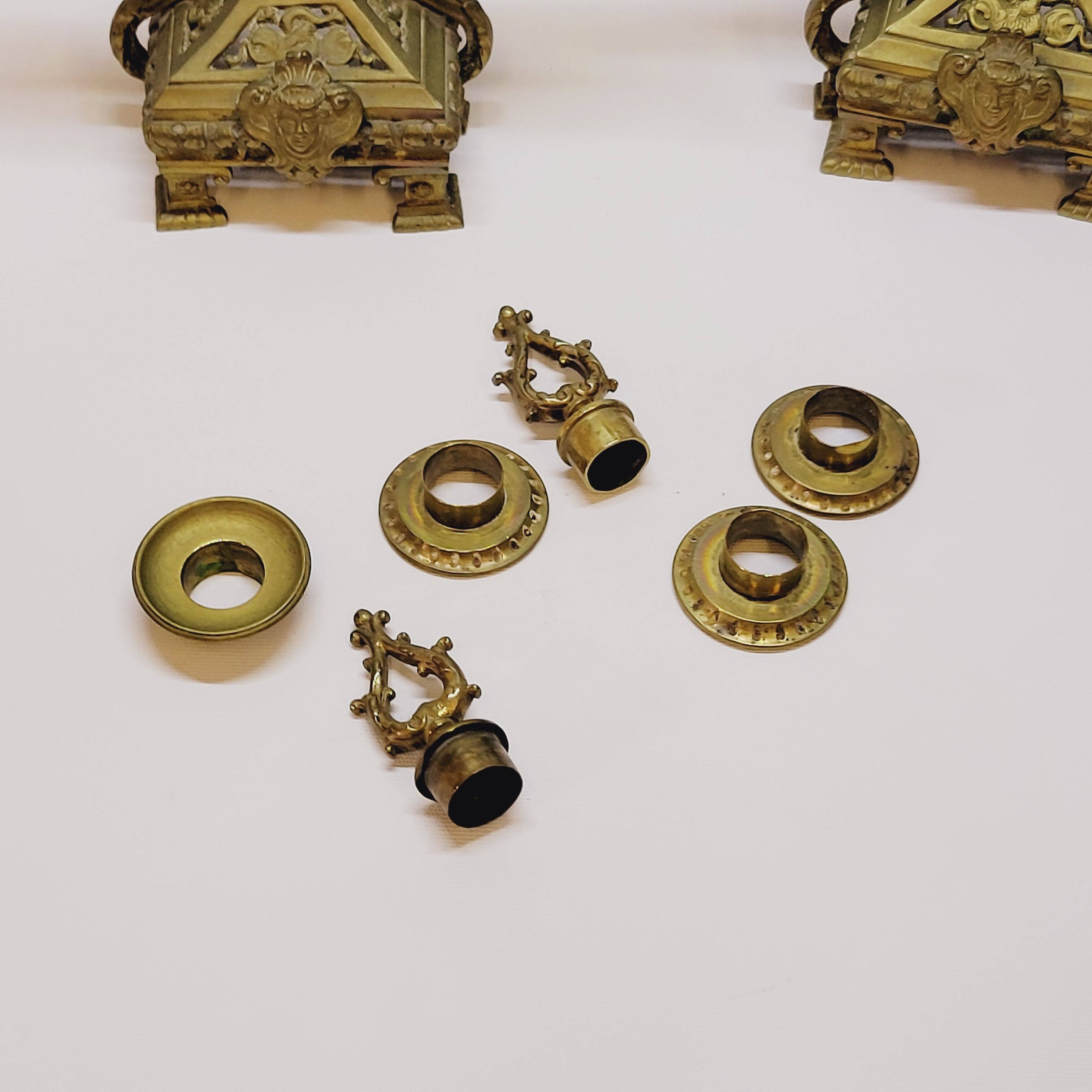 Old pair of 3 branched brass candlesticks