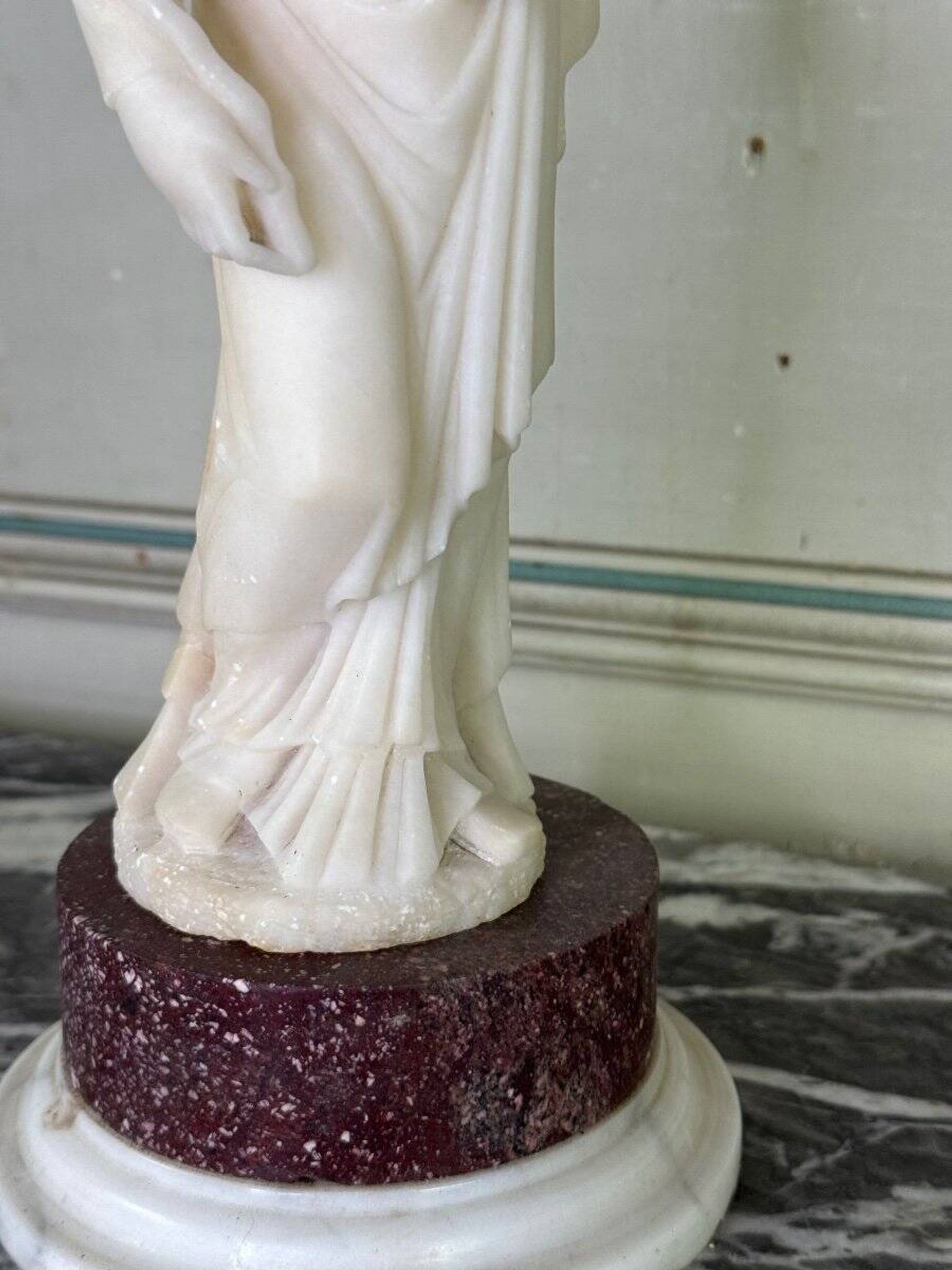 Alabaster sculpture, lady with a mask in the antique style, 19th century