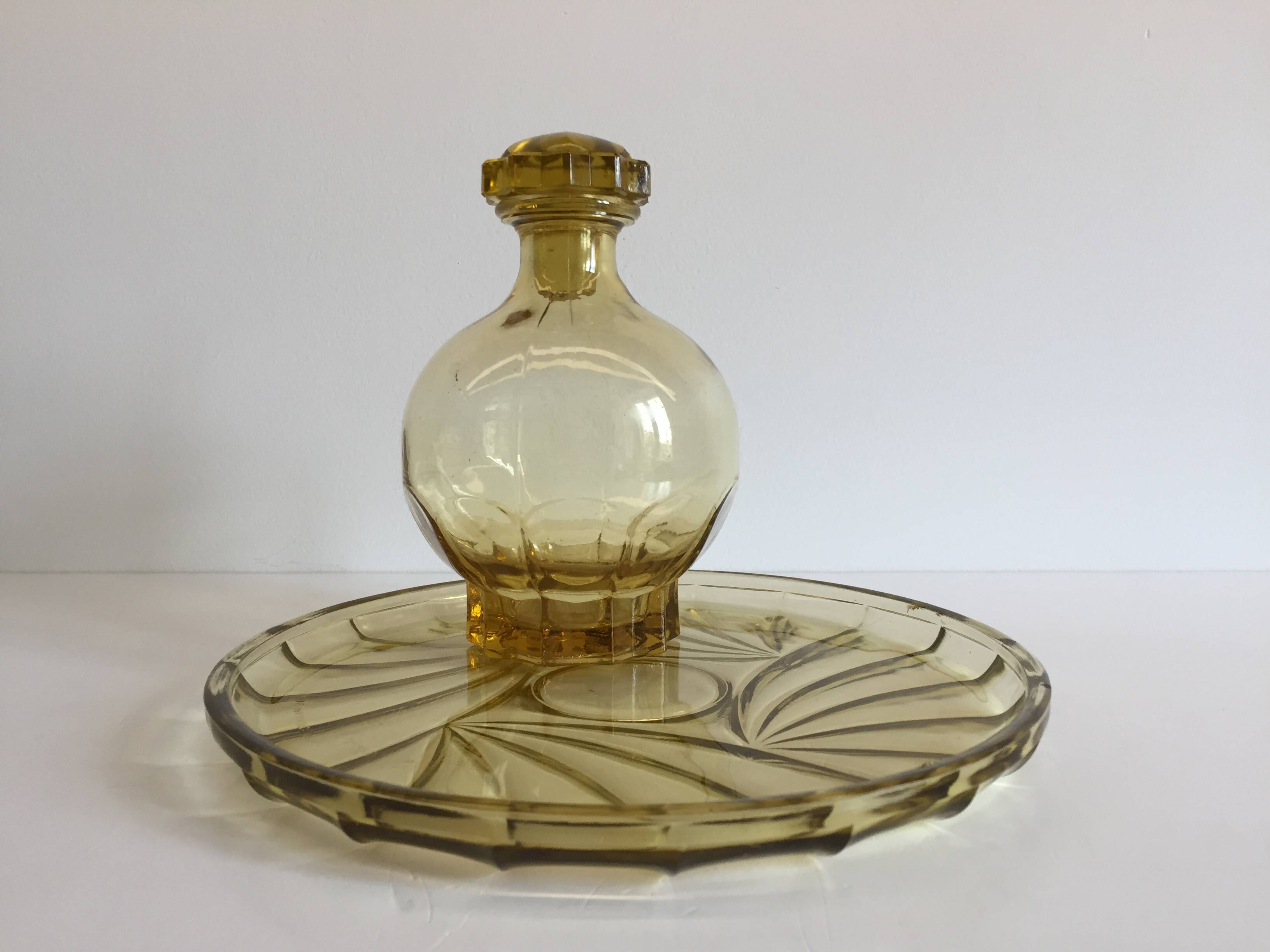 ART DECO Tray and Carafe Amber Yellow Glass