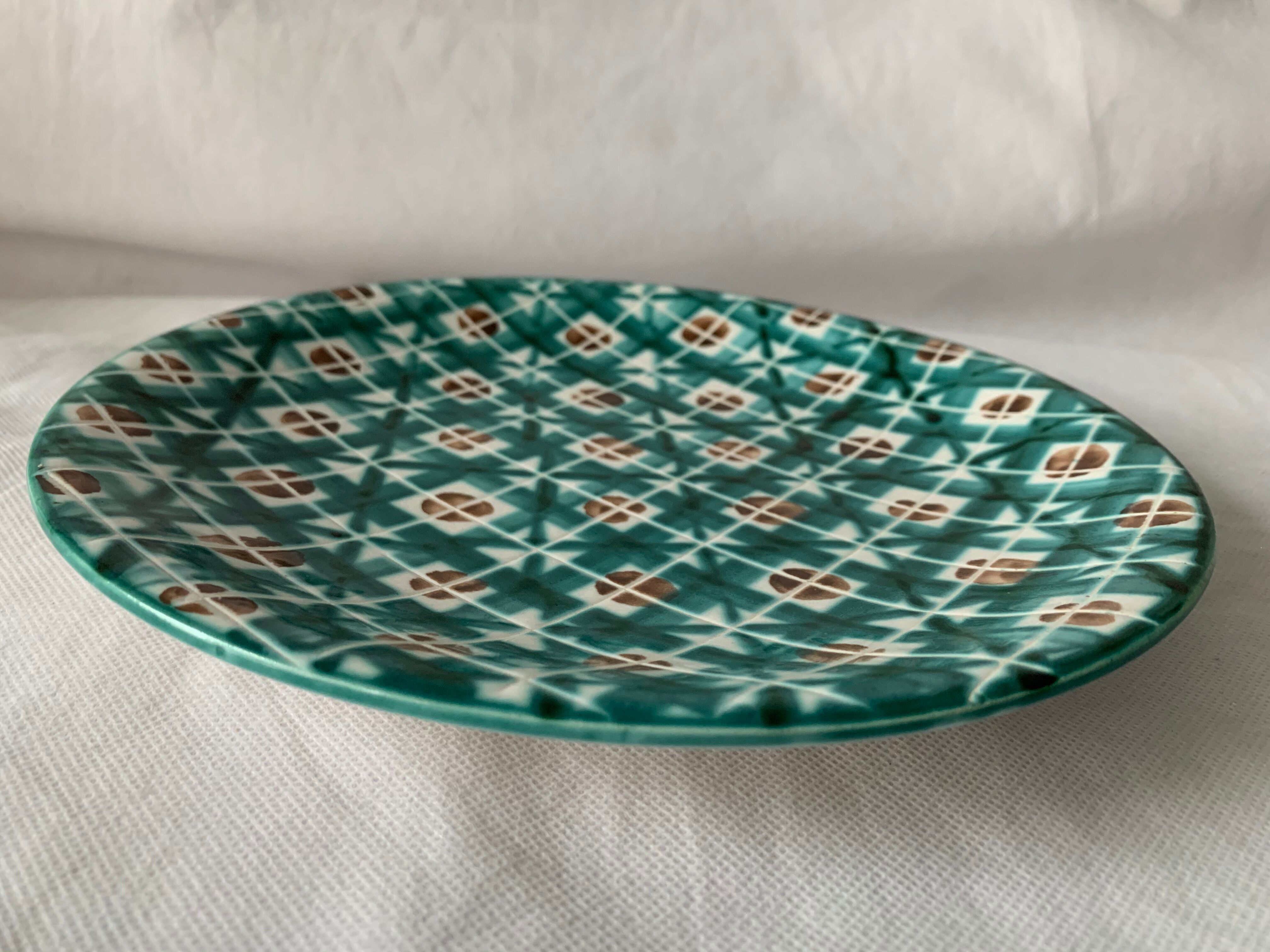Green and red enamelled ceramic plate Robert Picault Vallauris 1960