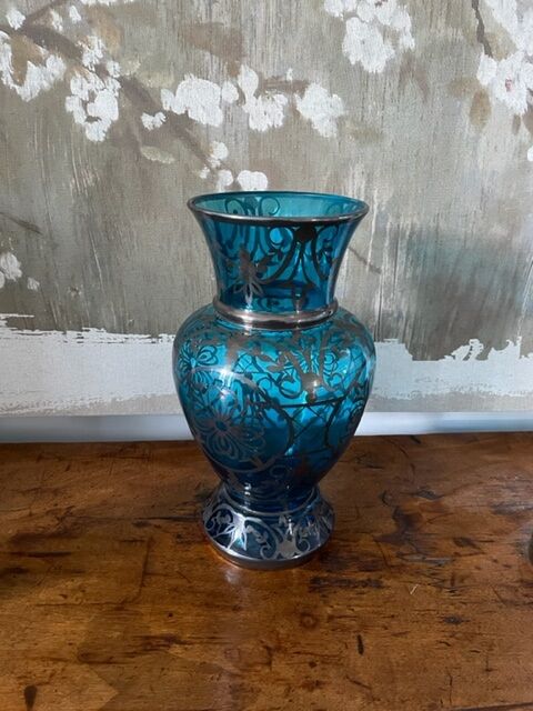 Ancient Venice vase in blown glass enamelled Murano decoration in silver