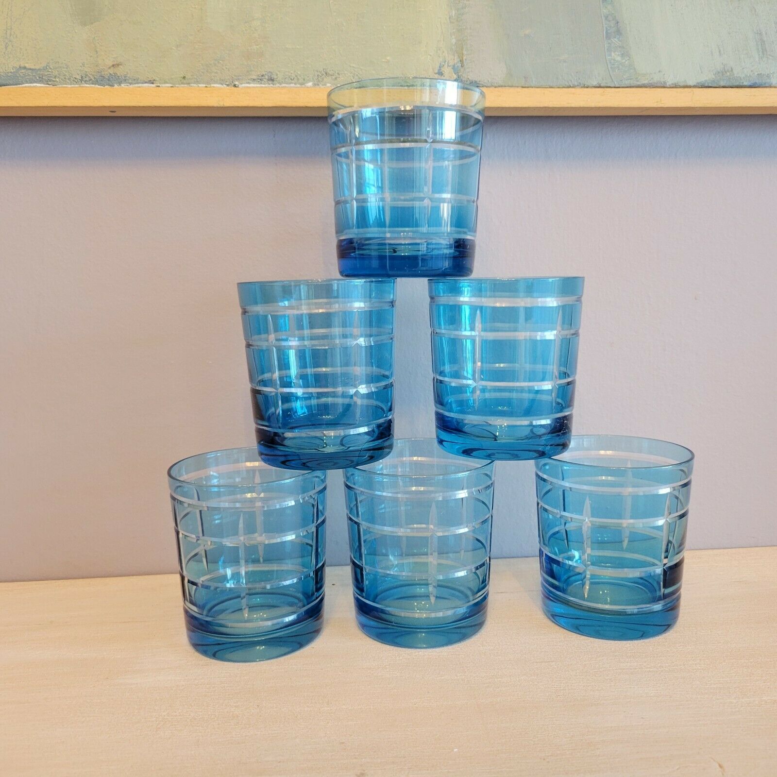 6 glasses of colour-cut blue whisky cups